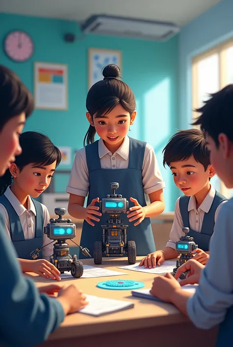  showing a group of school students with school uniform and  building and coding robots, with animations of tech icons like gears and circuits. Where they are excited and eager to learn more, show a modern classroom with Nepali style school and teacher is ...