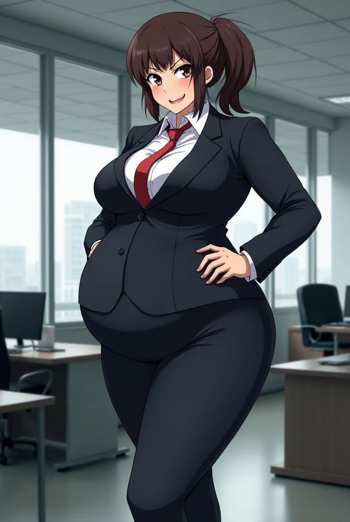 Super busty and mega-big ass woman in a business suit but very thin, angry and smiling, full body and office background ,  anime style