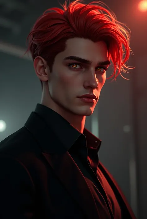  a man in his 20s with red hair and shiny gold eyes. Its a dark film from the Lofan webtoon .  I want you to feel a sharp mood even if you just look at it .  The Duke .  hes wearing a lofan suit .  hes a sexy and handsome French guy . 3d .  he has short ha...