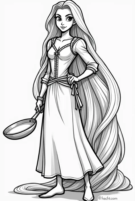 Can you create a line art of Rapunzel from the movie entangled with the clothes of Jinx from Arcane League of Legends the same unchanged clothes with thick lines with thick lines and a frying pan in your hand 