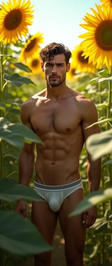 handsome young man wearing only panties standing in the middle of a tall sunflower garden