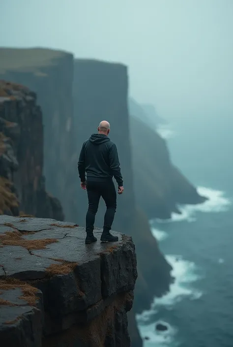 Photo of a bald guy in a sports jacket and hood, who is standing with his back over the precipice and trying to take a step forward. 