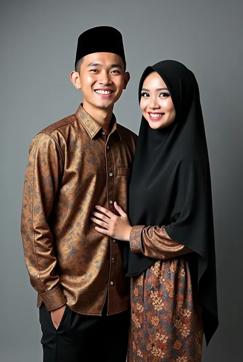  pas photo studio professional Indonesian lovers,  25-year-old man ,  wearing indonesian black peci , wearing an indonesian batik shirt ,  wearing black keper pants ,  Smiling face facing camera,unblemished condition .  25-year-old woman ,wearing a black h...