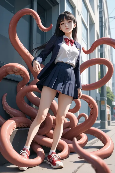 (((Elongated, tapered tentacles approach the girl ))),20 years old,Black long hair, The mother wore her daughters tight uniform to school;  The school uniform is very tight ,( blazer、 white blouse、 pleated skirt、 sneakers)、  emphasizes her chest and waist ...