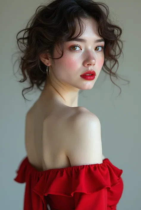  white-skinned woman ,  big curly hair , height 1,70,  defined body, thin, amber eyes , pink lips,  slightly flushed cheeks ,  eyes shaped like a cat ,  crimson dress glued to the body ,  that highlight the shoulders with a slightly discreet neckline 