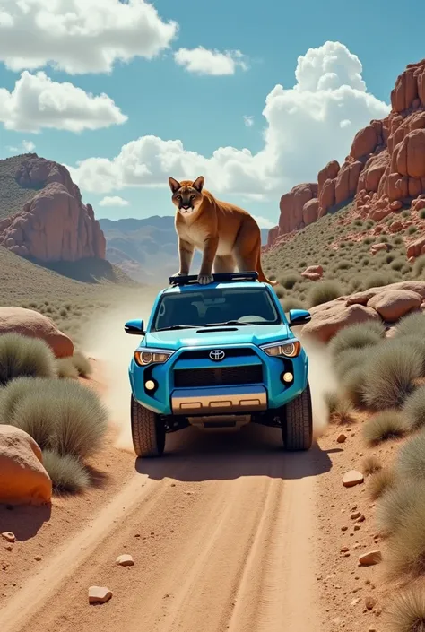 A large cougar stands over a vibrant blue Toyota SUV driving on a dusty, uneven dirt road through a desert landscape.

The cougar, which takes up a significant portion of the upper part of the image, Its fur is a tawny brown color, and its musculature is v...