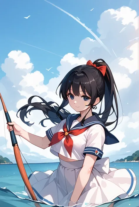 Black hair, long hair, ponytail, beautiful black eyes, sailor suit, breakwater, girl fishing on the breakwater