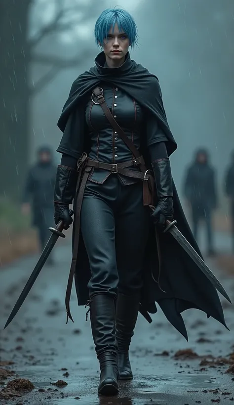 Create A Beautiful Young Ukraine Woman Warrior Standing In Fighting Pose, Wearing Black Leather Warrior Suite, Heavy Rain, Wet Hairs, Purple Eyes, Unreal White Skin, Holding Two Big Knives In Hands Ready To Fight, Short-Cut Blue Hairs, Unreal Beauty , Brit...