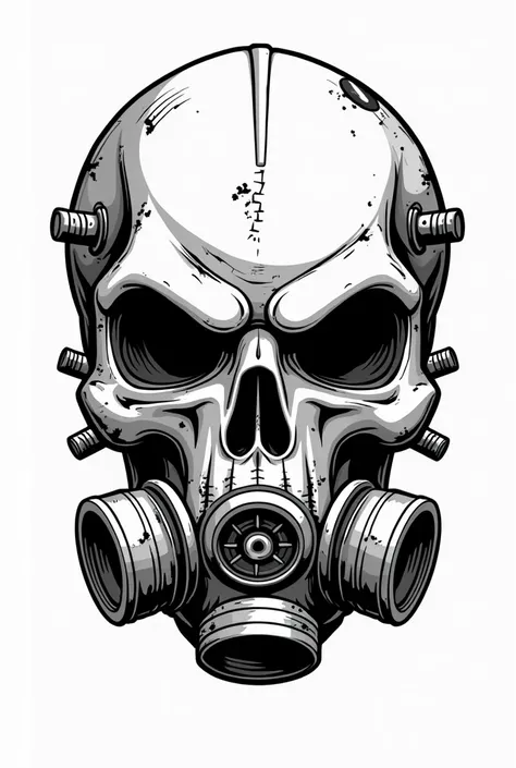 Skull head with a Borderlands type a gas mask covering the entire face, cartoon style, all black and white, 2d illustration, vector