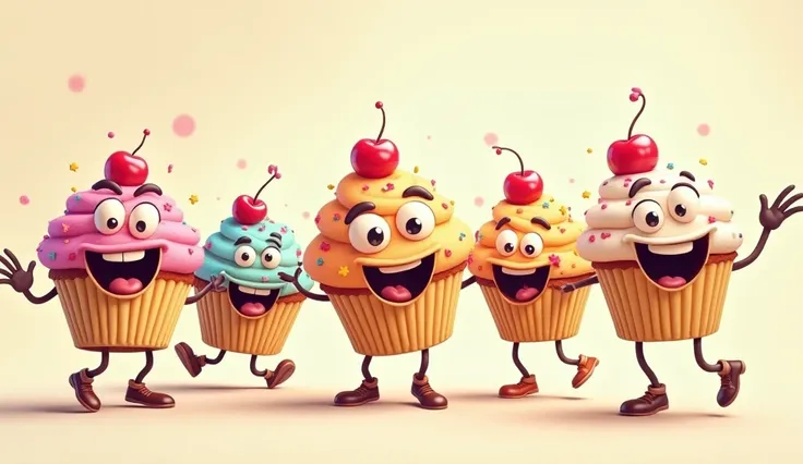 create animated-style imagem several cupcakes com olhos e boca alegre dançando