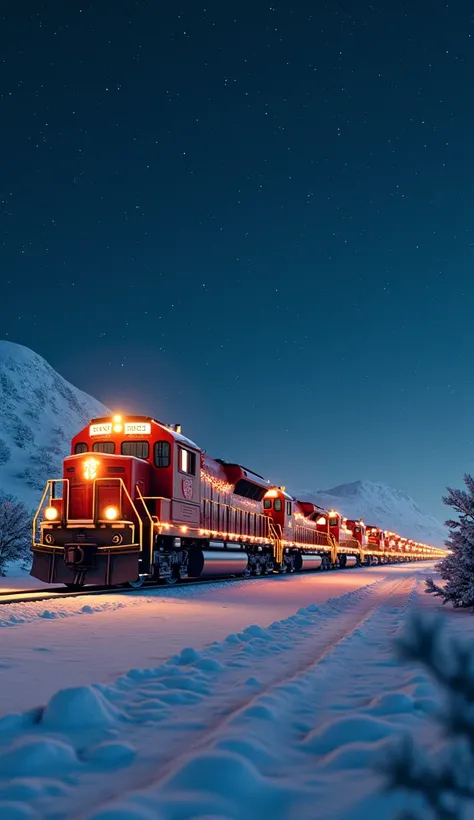 Make an image of a train where you can see the freight cars full of Christmas presents adorned with lights crossing through a cold environment with snow without trees with a sky full of stars  