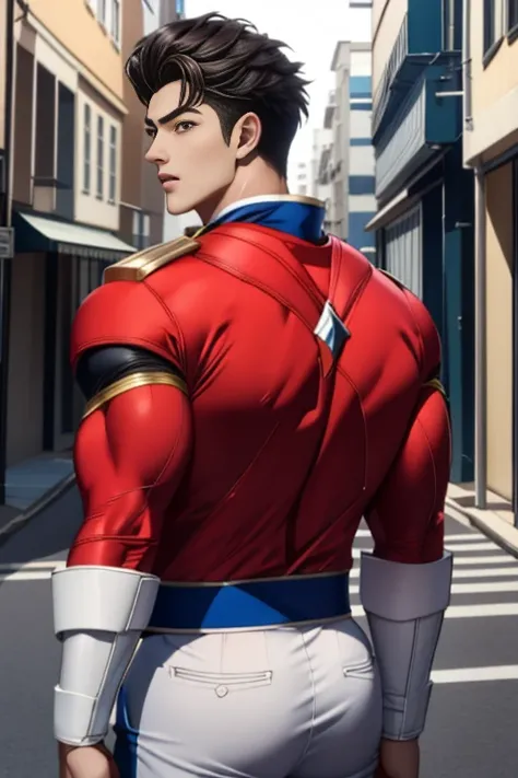 (  best quality ), ,Back Alley,  Japanese with a cool and handsome face ,Beautiful young 18 years old ,  handsome idol , Sentai Hero, shiny power rangers suit,  toned and muscular , Tall,