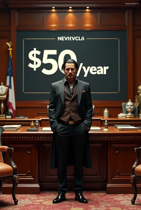 A luxurious office desk with a financial statement or a bold figure “$50M/year” displayed on a screen, surrounded by luxury items. johnny depp standing infront of it