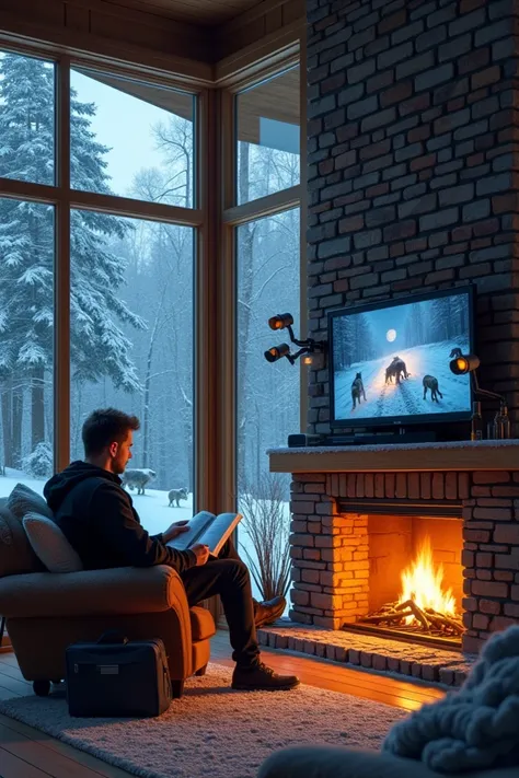  Winter time .  It is snowing outside and a man is near the fireplace in his house reading a book about space.  There is also a monitor in front .  The house is in the middle of the forest and there are many coyotes in the forest , There is a wolf .  The w...