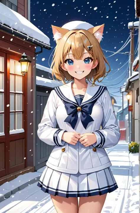 Smiling Cat,Residential Street,Snowfall,Snowfall, high definition , masterpiece,  Anatomically Correct,  very detailed,  Ultra High Definition, Beautiful girl in sailor suit,