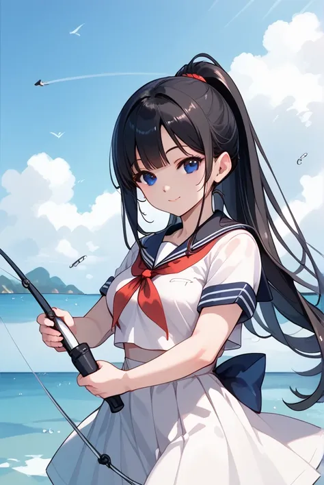 Black hair, long hair, ponytail, beautiful black eyes, sailor suit, breakwater, girl fishing on the breakwater