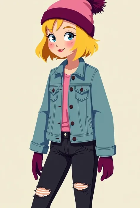 She wears a beanie that is dark-magenta and light-pink that looks similar to Stan Marshs beanie. She wears a light-blue denim jacket with black ripped jeans. She also wears dark-magenta gloves that match with her beanie. She has blond, short, boy-ish hair....