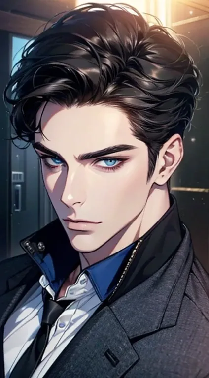 (best quality, masterpiece, 8K, photorealistic, cinematic lighting, 1:4 hdr image, top view, ultra detailed, beautiful image), a mature man, very handsome, short black hair, blue eyes, perfect face without errors , ((buttoning his jacket, CEO))