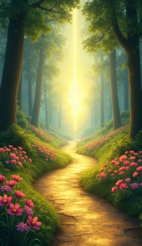 A golden road surrounded by flowers, guiding the eye to a mysterious, illuminated destination in the distance.