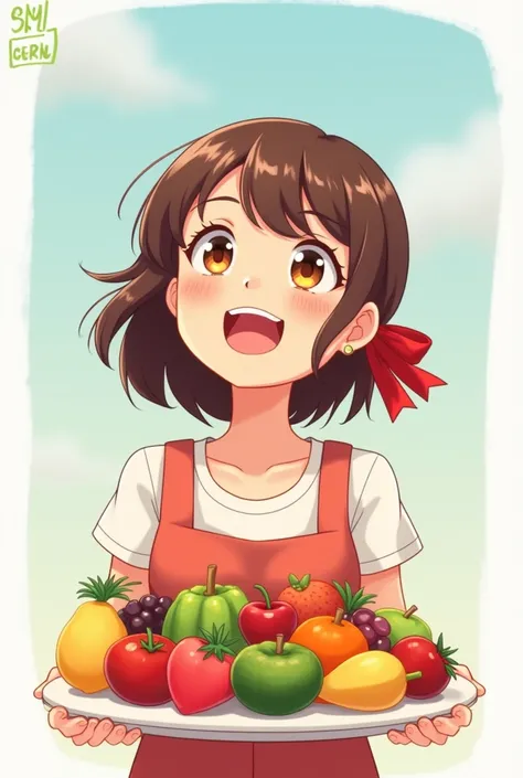 digital poster for good eating habits holding plate with many fruitsHD, High Details, Best Quality, Simple background, 1girl, Open Mouth, Smile, Brown Hair, Ribbon, staring up looking at the sky, cartoon