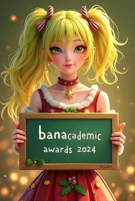 Beautiful girl with medium yellow and green hair with two tails ,  Christmas dress,  with yellow and green background and holding a yellow blackboard with the text "BanaAcademic Awards 2024 "  showing it to the spectator