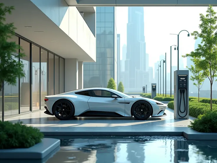 "Futuristic electric car plugged into a sleek charging station, set against a modern urban backdrop with clean architecture and greenery."