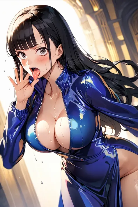 masterpiece, Best Quality, High resolution,16k,official art,super detailed skin,detailed,animated painting,(nico robin:1.5),(onepiece:1.5),1990s (style),(E-cup beautiful breasts)、 (tall:1.2),height: 175cm,Fashion model body type、clevage, Sexy long legs,blu...