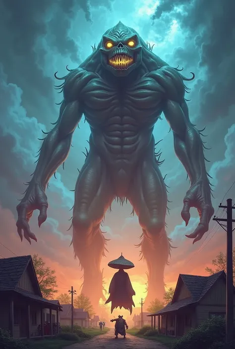 The giant alien monster towering over the banana king and the village, laughing menacingly while the sky turns dark and stormy." same like image alien monster 