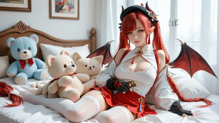 masteRpiece,  Best quality, 1giRl,  unique , black eyes, Red haiR, small bReast, demon giRl, demon tail, Devil Wings, small demon hoRns, pointy eaRs, (small bReast), (Towering breasts), Twin ponytails, bat hair ornament, cape, white shiRt, white legweaR, S...