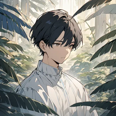   Man with short black hair  ,  light brown eyes .
 Simple and elegant costumes  ,    like a white shirt with blue details   .
  serene and contemplative expression  .
Artistic style:  smooth and detailed lines   ,   with a magical and natural atmosphere  ...