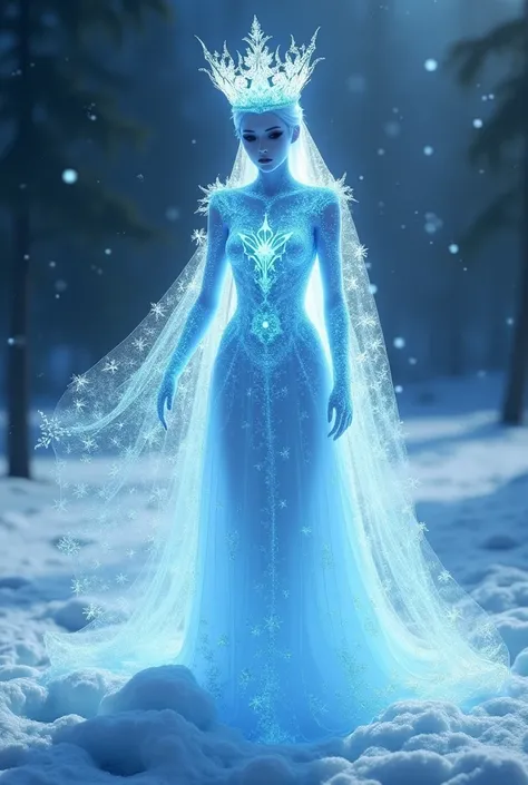 A majestic, shimmering and ghostly figure of blue light and frost appears.  He wears an ice crown and a snowflake cape,  who never touch the ground .