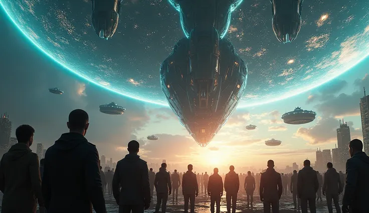 A massive, advanced alien fleet composed of enormous warships and spaceships looms ominously above Earth, ready to invade. The Earth’s defenders, united in a global coalition, have created a powerful energy shield that envelops the entire planet. In the fo...