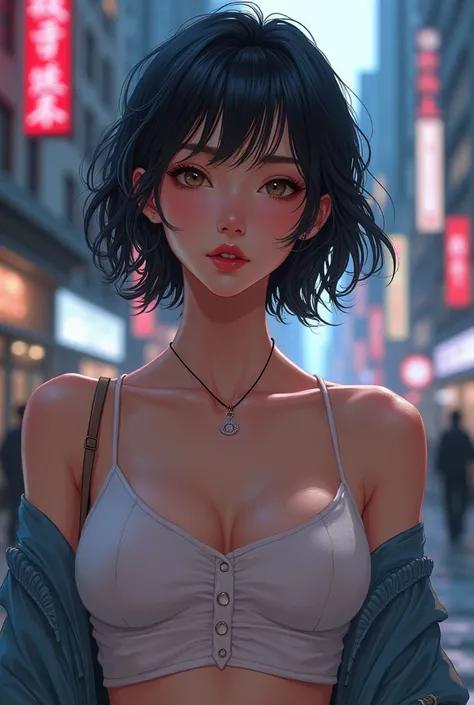 (best-quality:0.8),, (best-quality:0.8), perfect anime illustration, extreme closeup portrait of a pretty woman walking through the city topless