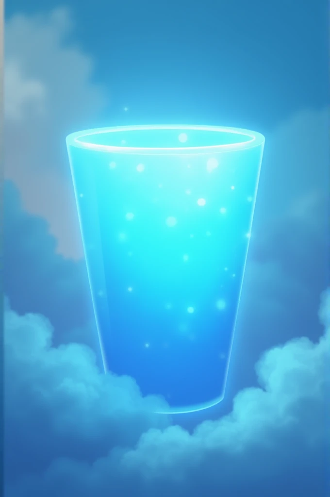 the blue cup which is made of sdkl emits light inside it. it floats on a soft blue background. clouds are visible on the soft blue background