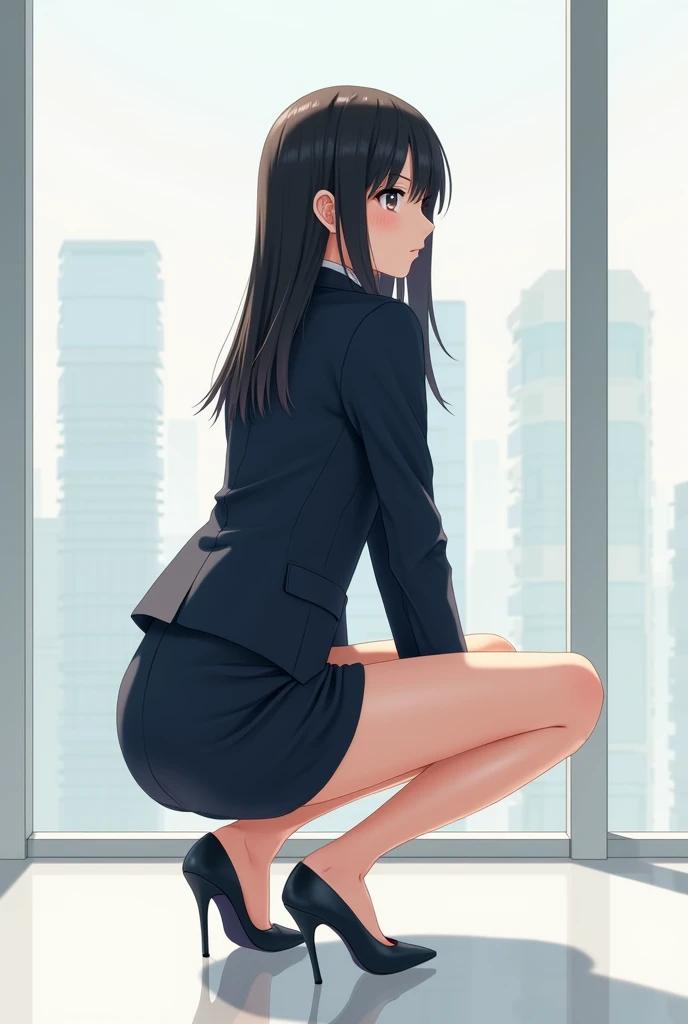 ((Second Dimension))、Illustration、 turns her face to the side、 Japanese woman in suit 、Shot from directly behind、Crouch down、 Mini Skirt、Company uniform、 high heels、 black hair、 straight hair