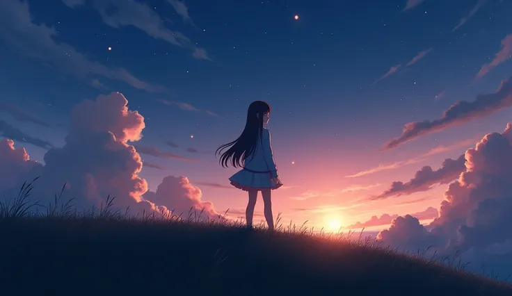   Anime Style Illustrations   " dawn wind  ( dawn wind )." The scene is、  The first light of dawn illuminates the horizon.   A woman standing there standing on a grassy hill  ,  Towards the morning sun . That silhouette is、  softly illuminated with golden ...