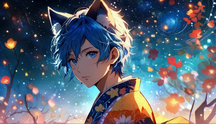 This image depicts a character in anime style, with a starry sky in the background. The male character has blue hair and cat ears, wearing a kimono with interesting patterns and colors.