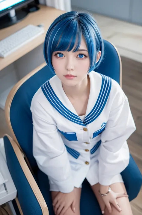 (( best quality)), (( Masterpiece )), ( Details), 1 girl, sailor suit , white cardigan with open front, short hair,DeepBlue hair color,Im sitting in a , sitting in a gaming chair,Looking up a little,Eye color: blue