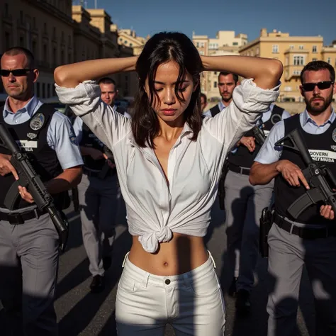 Dichen Lachman, stands captured in a warm sun-drenched Malta cityscape, where long shadows are cast from the Agents surrounding her at gunpoint, weapons aimed directly at her back. She wears a white sports top with pushed-up sleeves and knotted belly accen...