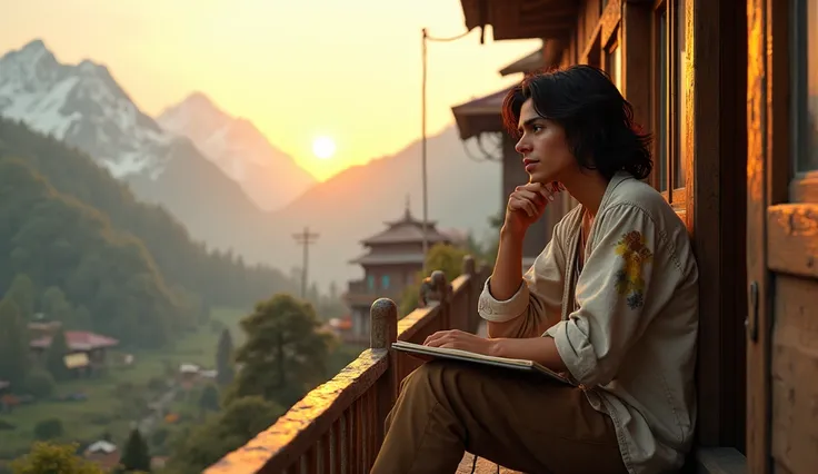 Create a highly detailed and realistic depiction of Aarav sitting on the balcony of a rustic wooden house in a quiet Himalayan village. It is early evening, and the golden hues of the setting sun cast a warm glow over the snow-capped peaks and lush green v...