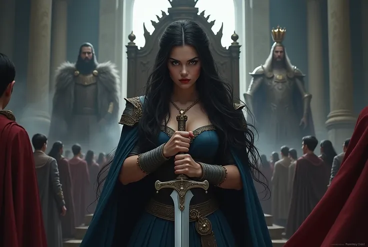  Create a masterful and portentous book cover of a princess with long black hair ,  brown eyes and pale red lips , with a stern face , standing in front of a throne with a crown on his head and holding a sword in front of many people.  Behind her are the s...