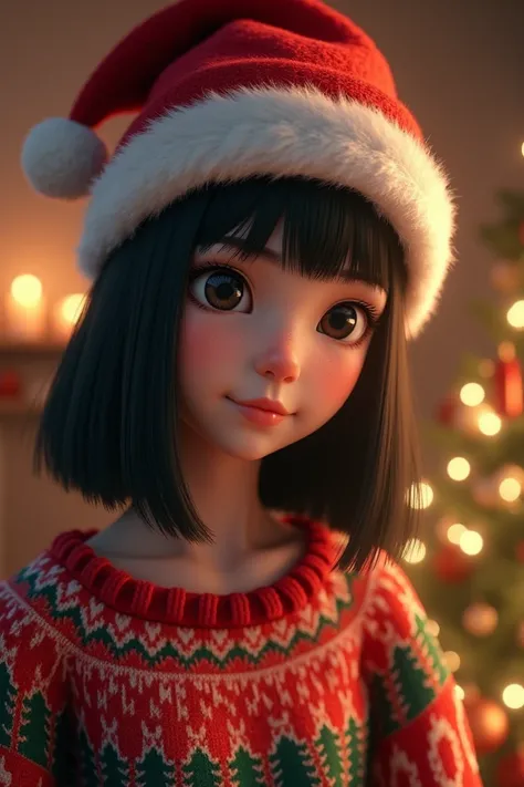  I would like to create a realistic image like a picture of a girl with medium straight black hair, with a Christmas hat and Christmas sweater  