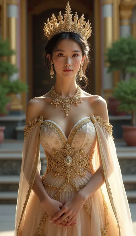 The beautiful 22-year-old queen。whole body. Sexy boob,、Wearing the crown、Holding a scepter and a jewelry ,royal queen of thailand, front of temple, kulit putih