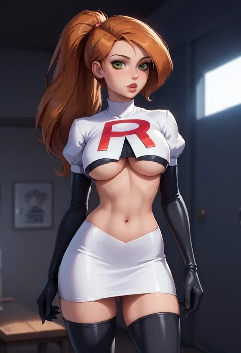 score_9, score_8_up, score_7_up, 1girl, solo, beautiful waifu, Kim Possible, ponytail, filled lips, thick lips, detailed eyes, detailed face, flirt, looking at viewer, Cosplay_TeamRocket, team rocket uniform, white jacket, cropped jacket, white skirt, elbo...