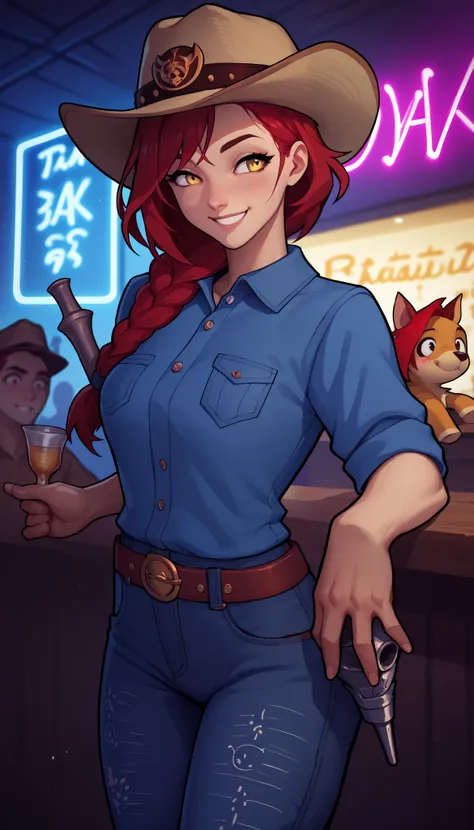 (zPDXL2), (PonyXLV6_Scores), source_anime, Expressiveh, full body portrait shot, asymmetric image, BREAK
lhata4564,
Jesse Wyfe, Red hair, Single Braid, Dark brown and yellow cowboy hat, blue denim shirt,indian pattern, belt, Animal print pants, Looking at ...