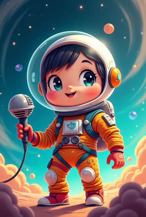 A cartoon-like astronaut who can see his face and with clear eye lenses and with a microphone in his hand