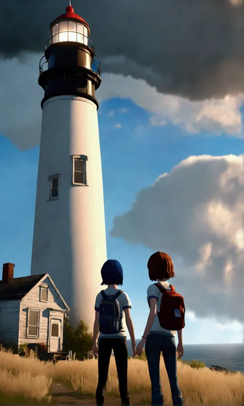 "Life is Strange" screenshot, 3DCG computer game developed by DONTNOD. Two high school girls, Max and Chloe, are in a rural town facing the Pacific Ocean in Oregon. Max has a short bob, Chloe is tall and has boyish short hair dyed blue and a grunge fashion...