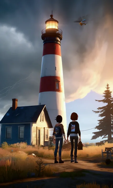 "Life is Strange" screenshot, 3DCG computer game developed by DONTNOD. Two high school girls, Max and Chloe, are in a rural town facing the Pacific Ocean in Oregon. Max has a short bob, Chloe is tall and has boyish short hair dyed blue and a grunge fashion...