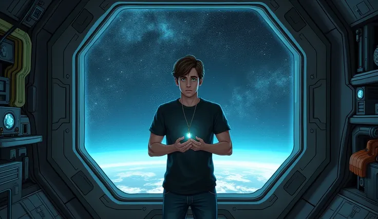 A male engineer sitting in a small maintenance module, holding a pendant in his hands, gazing through a large window at the vast stars outside. He has short brown hair, green eyes, wearing a simple dark t-shirt, jeans, and sneakers. The module is equipped ...