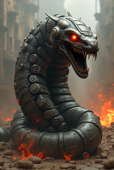 A monstrous hybrid creature combining features of a train and an anaconda. The body is a seamless blend of metallic train parts and serpentine scales, with the head of the anaconda fused with a trains front, complete with glowing red eyes and sharp metalli...